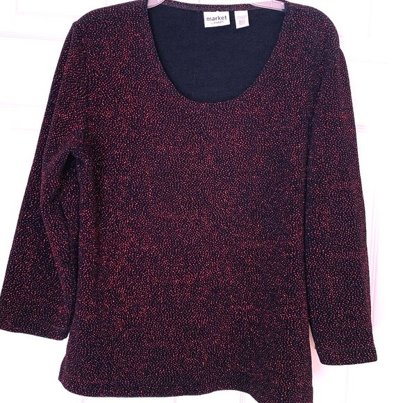 CHICO’S Sparkle Burgundy and Black 3/4 Sleeves U Neck Size 2 - Picture 1 of 12